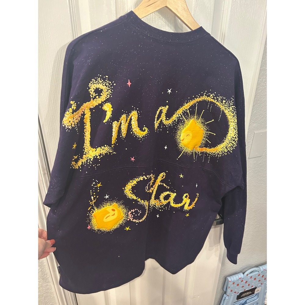 Disney Spirit Jersey Purple Wish Star Puff Print Glitter Oversized Long Sleeve